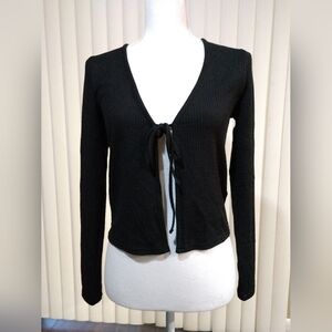 Divided H&M Black Ribbed Knit Top Sweater Cardigan CROP Open Tie Front Small